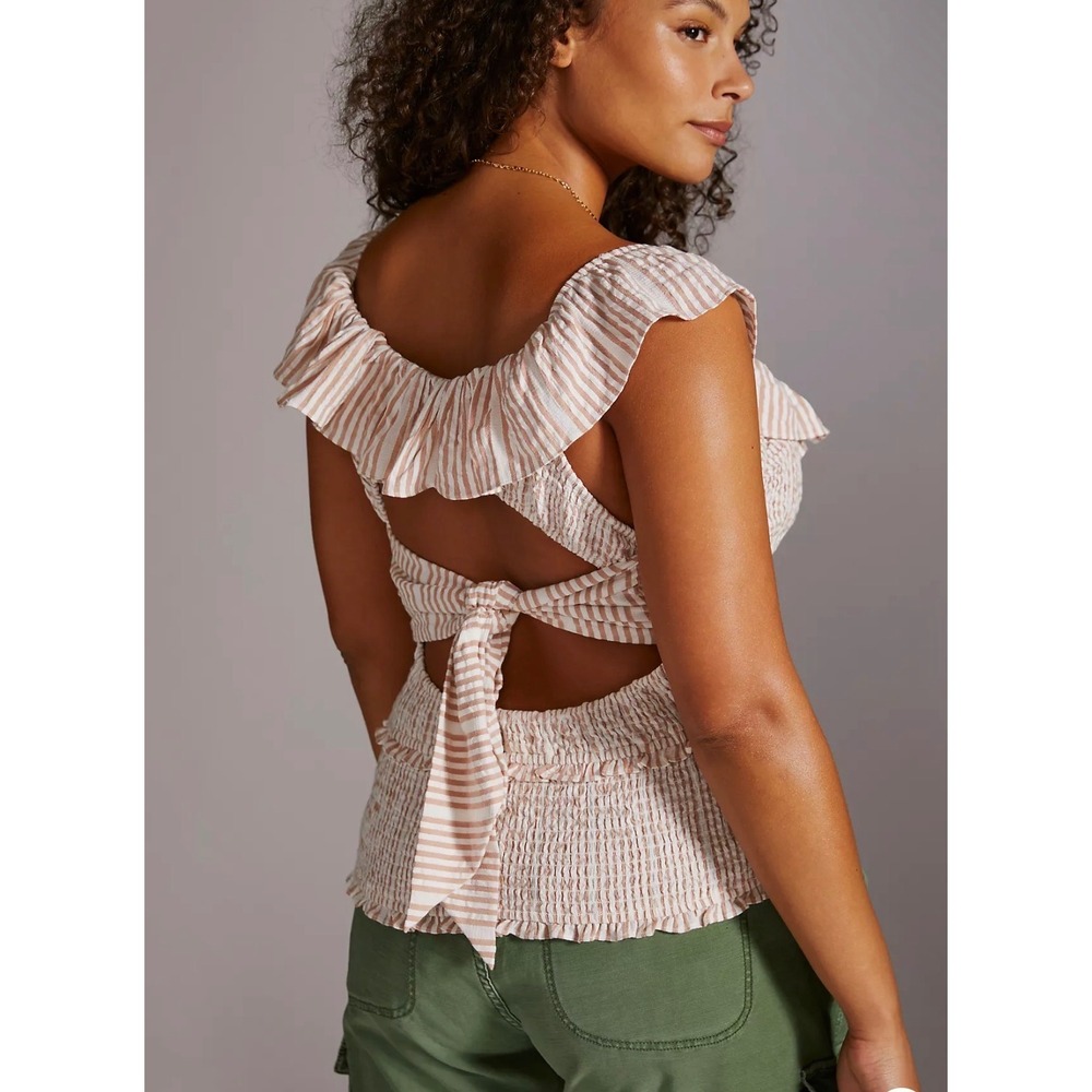 NWT Anthropologie A+ Striped Smocked Ruffle Tie Back Top Cream Tan 3X